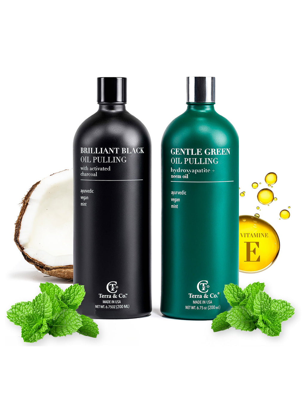 Ayurvedic Oil Pulling Set – Brilliant Black® Charcoal Whitening + Gentle Green® Nano-Hydroxyapatite, 2 × 6.75 oz