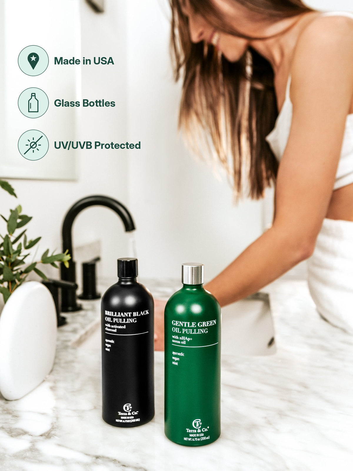 Ayurvedic Oil Pulling Set – Brilliant Black® Charcoal Whitening + Gentle Green® Nano-Hydroxyapatite, 2 × 6.75 oz