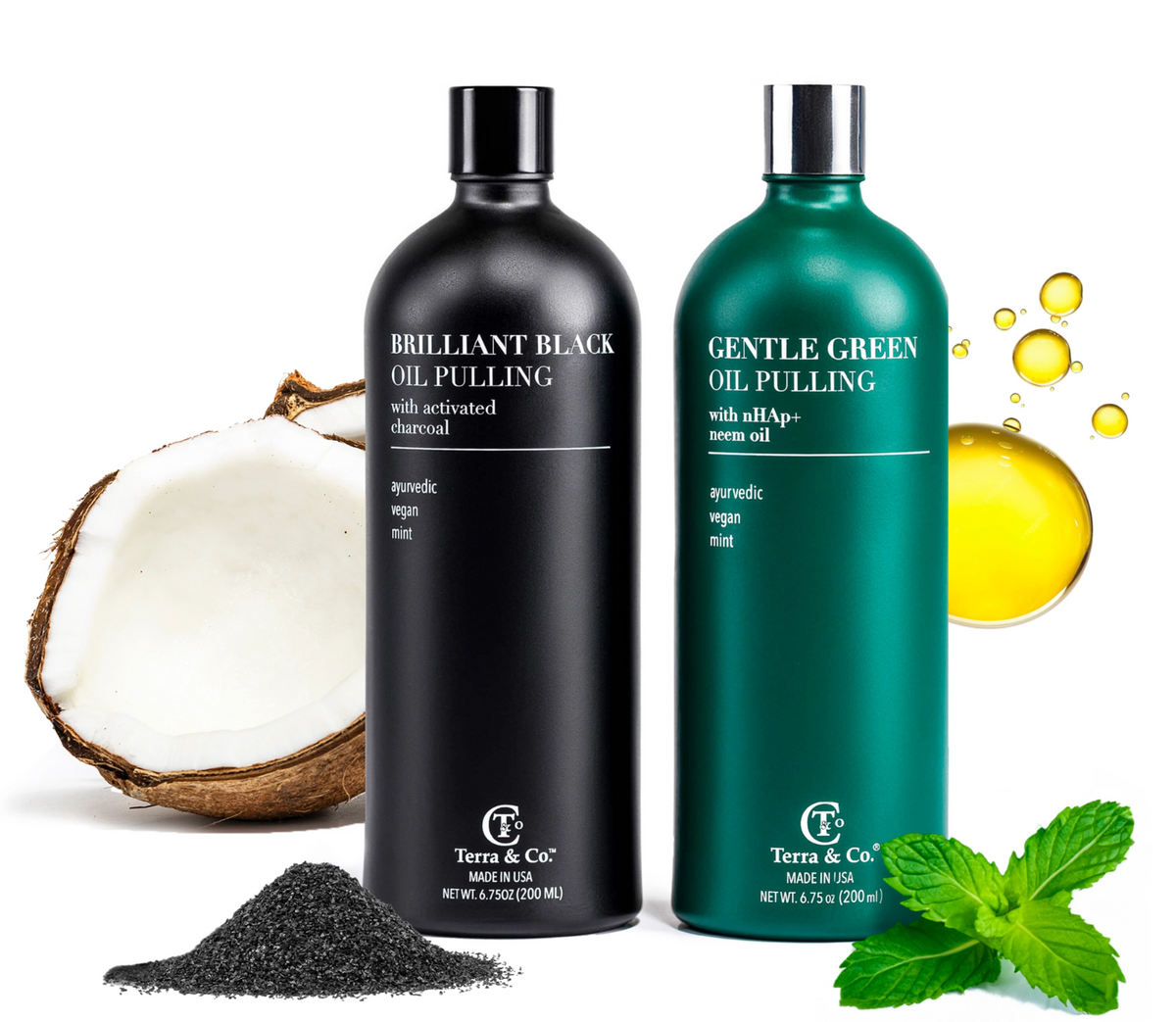 Ayurvedic Oil Pulling Set – Brilliant Black® Charcoal Whitening + Gentle Green® Nano-Hydroxyapatite, 2 × 6.75 oz