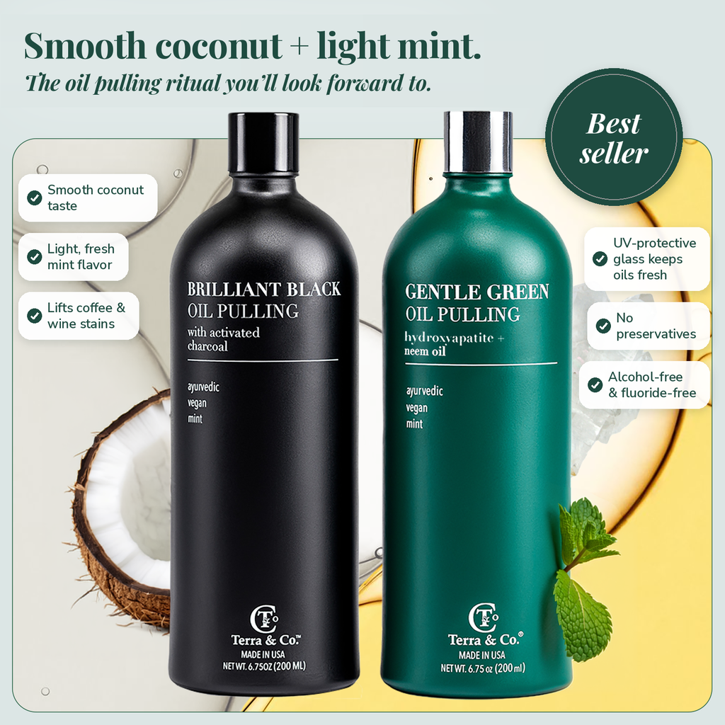 Ayurvedic Oil Pulling Set – Brilliant Black® Charcoal Whitening + Gentle Green® Nano-Hydroxyapatite, 2 × 6.75 oz
